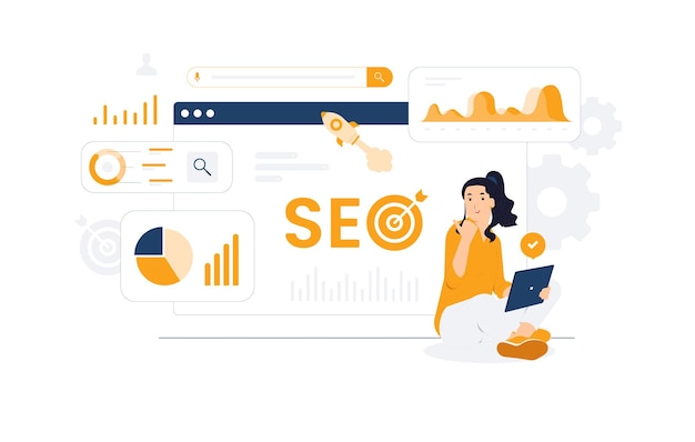 Vektor seo-optimierte seiten. steigern sie die website. verbessern sie das ranking mit schlüsselwörtern. analysestrategien für den besucherverkehr. beherrschen sie die suchmaschinenergebnisse mit der darstellung des backlink-konzepts für organisches wachstum