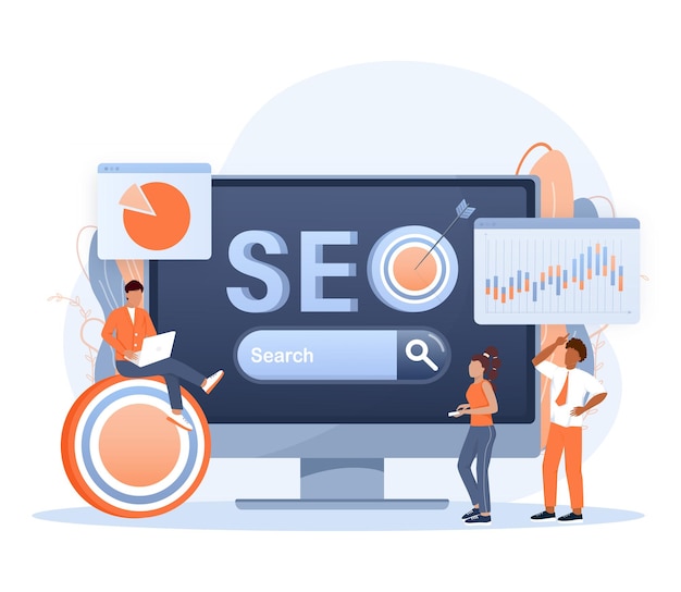 Vektor seo-optimierung webanalyse und seo-marketing-social-media-konzept geschäftsleute