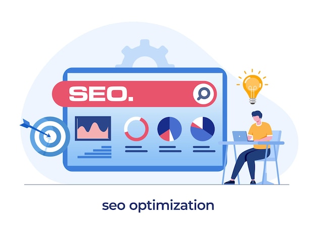 SEO-Optimierungskonzept, Website-Entwicklung, Unternehmer, Geschäftsweb, Datenanalyst, flacher Illustrationsvektor