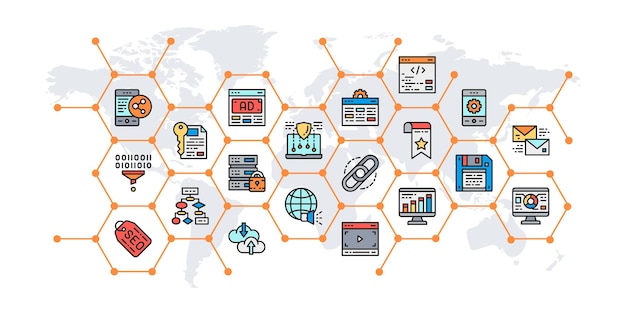 Seo-präsentationsbanner mit farbigen symbolen lesezeichen hosting hyperlink werbung datenübertragung infografiken für web-business-konzept