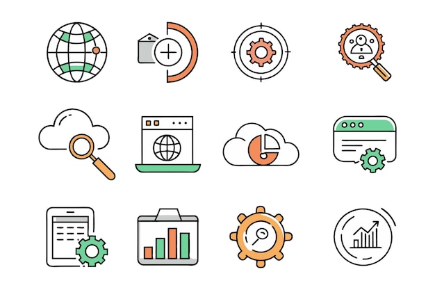 SEO-Suchmaschinenoptimierung Set isolierter flacher Vektor Pro-Sammlung Illustration auf weißem Hintergrund