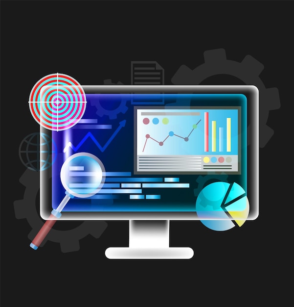 Seo-Vektor-Computermonitor mit Analysediagramm