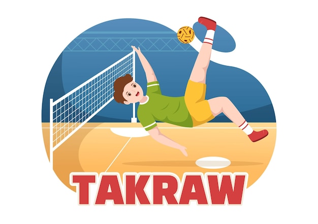 Sepak takraw illustration mit athleten, die kickball auf dem platz im sportspielwettbewerb spielen