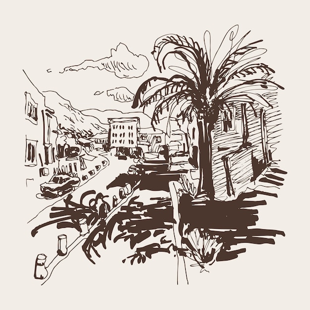 Sepia-skizze-zeichnung der petrovac montenegro-straße mit palm-reise-postkarten-vektor-illustration