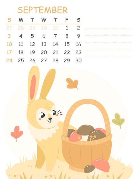 September vertikaler kalender für 2023 mit illustration eines süßen kaninchens mit einem korb voller pilze