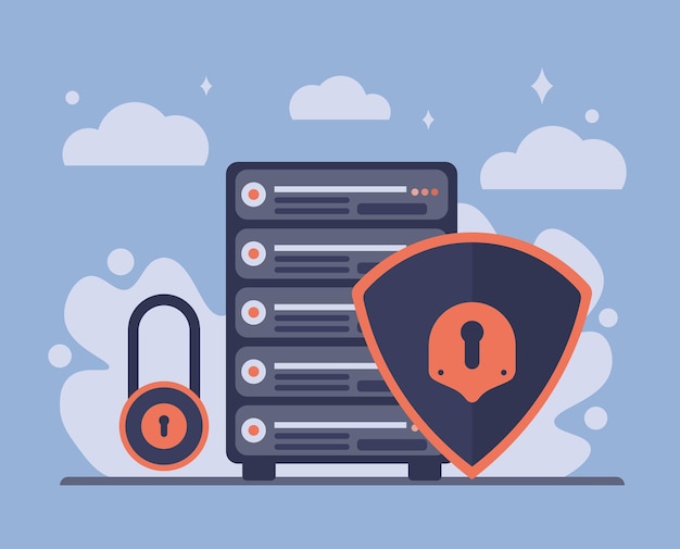 Server mit Datenschutz großem Schild Dies symbolisiert den Schutz und die Sicherheit von Daten