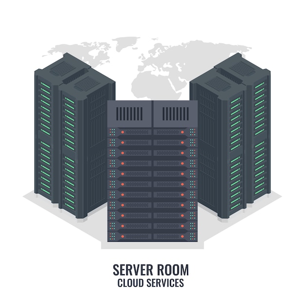 Server-rack auf weltkartehintergrund, rechenzentrumserverraum