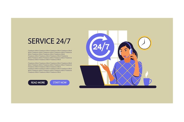 Service-24-7-Konzept. Call-Center-Unterstützung. Landingpage-Formular für das Web. Vektor-Illustration. Eben.