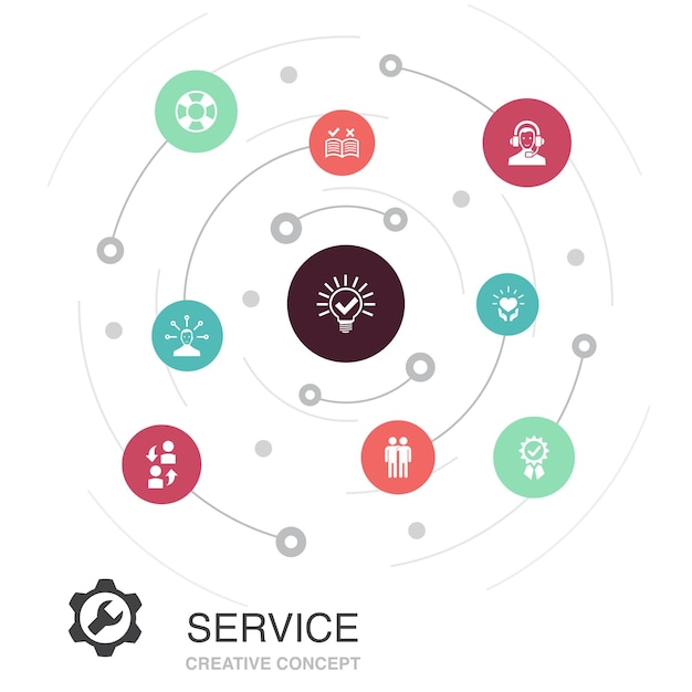 Service farbiges kreiskonzept mit einfachen symbolen. enthält elemente wie lösung, hilfe, qualität, support