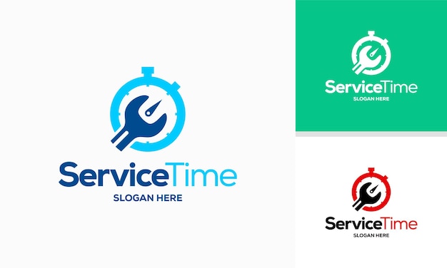 Service time-logo entwirft konzeptvektor, schraubenschlüssel und timer-logo-vorlage symbolsymbol