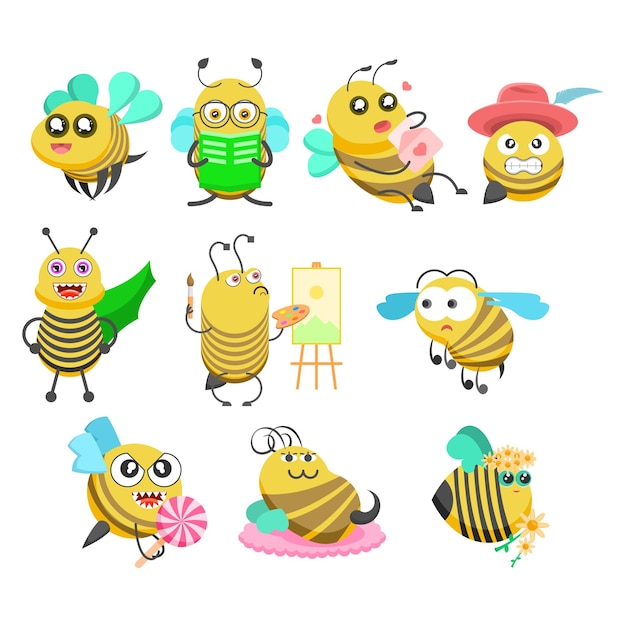 Set abstrakte sammlung flache cartoon-tier-insekten-käfer-bienen-fliege-honig-gelbe tier-vektor-design