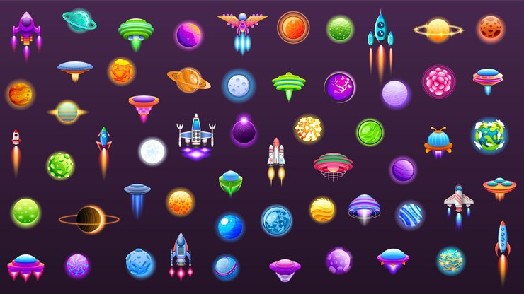 Set Abstrakte Sammlung Unidentifiziertes Flugobjekt Außerirdische Ufo-Planeten Raumschiff-Logo-Vektor-Symbol