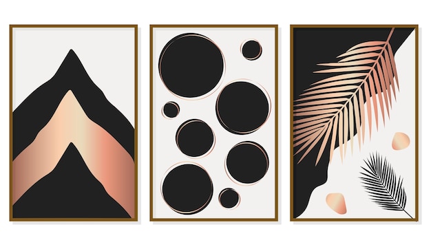 Set abstrakter Poster in den Farben Roségold und Schwarz