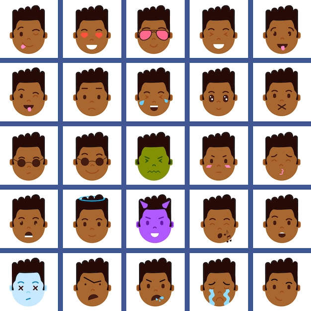 Set afrikanische junge kopf emoji persönlichkeit symbol mit gesichts-emotionen, avatar-charakter, gesicht mit verschiedenen männlichen emotionen konzept