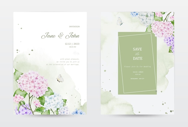 Set aquarell-einladungskarten mit bunten hortensienblüten, verziert mit schmetterlingsspritzern und fleckentexturen. vektor perfekt für eine hochzeitskarte, save the date oder grußkarte