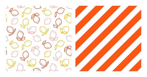 Set aus 2 nahtlosen mustern mit bunten umrisszitronen und weißen und orangefarbenen streifen.
