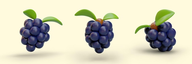 Set aus 3D-Brombeeren im Cartoon-Stil. Schwarze reife süße Beeren mit Blättern