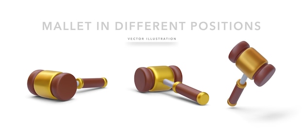 Set aus 3d-realistischem holzhammer in verschiedenen positionen mit schatten isoliert auf weißem hintergrund vektor-illustration