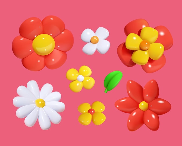 Set aus 3D-Vektor-bunten Blumen im minimalistischen Cartoon-Stil