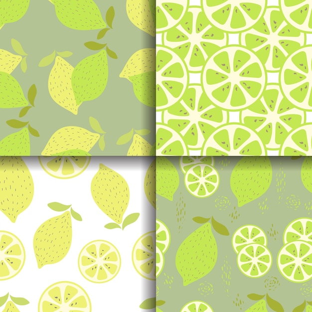 Set aus 4 nahtlosen Mustern mit frischen Zitronen und Limetten Nette einfache Hintergründe