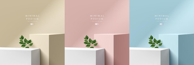 Set aus abstraktem 3d-hintergrund mit beige, blau, rosa, weißen, realistischen schritten, würfelbox, podest