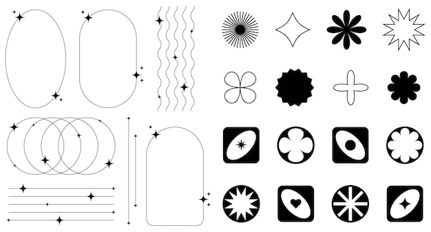 Set aus abstrakten retro-futuristischen Elementen und ästhetischen Linienrahmen im Boho-Brutalismus-Y2K-Stil