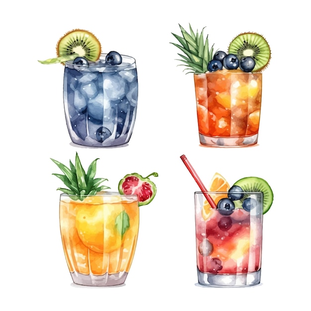 Set aus aquarell-kiwi-ananas-orangen- und blaubeer-cocktails mit fruchtscheiben