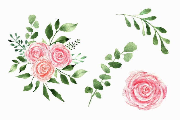 Set aus aquarellrosen und blumenstrauß