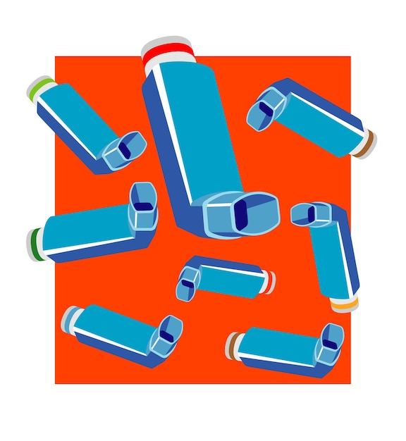 Set aus Asthma-Inhalatoren, die auf einem rechteckigen Hintergrund zu schweben scheinen. Vektordesign