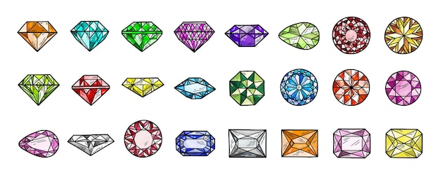 Set aus bunten handgezeichneten doodle-edelsteinen, diamanten, brillanten, kristallen und edelsteinen auf weißem hintergrund