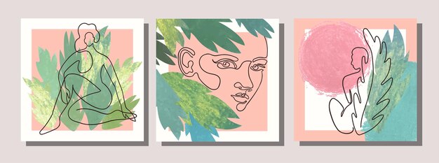 Set aus Collagen-modernem Poster mit abstrakten Formen, exotischen Blättern und einzeiligen Illustrationen von Frauen