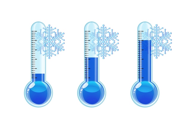 Vektor set aus drei transparenten blauen thermometern mit unterschiedlichen stufen kaltes wetter