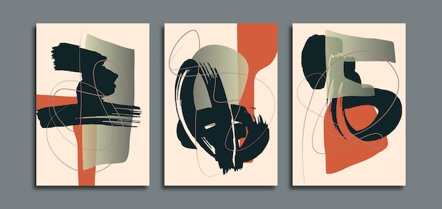 Set aus drei wandkunstplakaten mit abstrakten formen und stilvollem pinsel