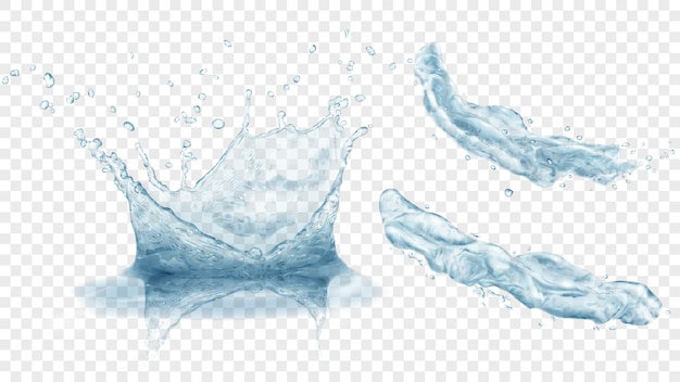Set aus durchscheinender Wasserkrone mit Tropfen und zwei Spritzern oder Strahlen in grauen Farben isoliert auf transparentem Hintergrund