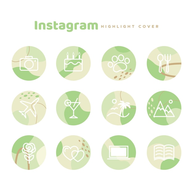 Vektor set aus einfachen vektorillustrationssymbolen für instagram-highlight-cover auf hellgrünem hintergrund
