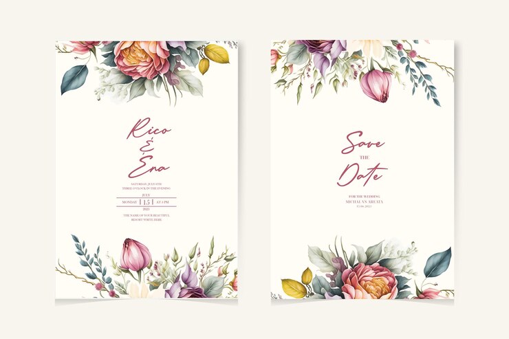 Vektor set aus eleganten aquarell-hochzeits-einladungskarten-vorlagen mit grünen blumen