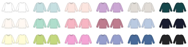 Set aus farbigem technischem Skizzen-Sweatshirt. Kinder tragen Pullover-Design-Vorlagen-Kollektion.