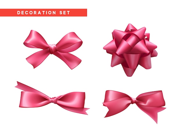 Set aus festlichen rosa bögen aus band. ferien verschiedene arten von bögen realistisches 3d-design. sammlung von isolierten dekorativen elementen. vektorillustration