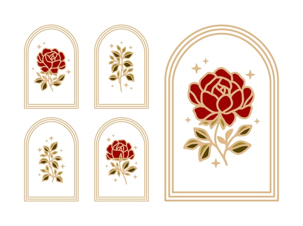 Set aus floralen logo-elementen mit vintage feminine schönheit rose mit rahmen