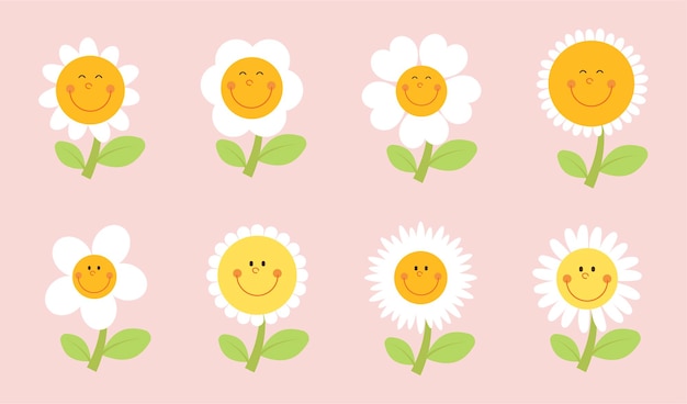 Set aus Gänseblümchen- oder Kamillenblüten. Niedliche Cartoon-Blumen-Emoticon-Set. Lustige Sammlung von Blumen