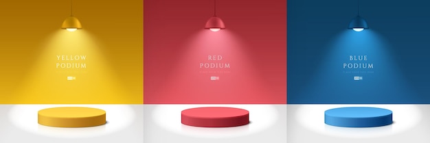 Set aus gelb-blauem und rotem realistischem 3D-Zylindersockelpodium im abstrakten Raum mit Hängelampen