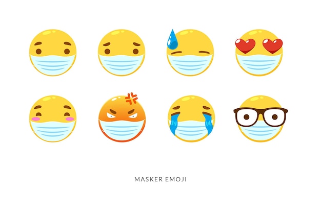 Vektor set aus gelbem emoticon smiley mit der maske. vektorillustration