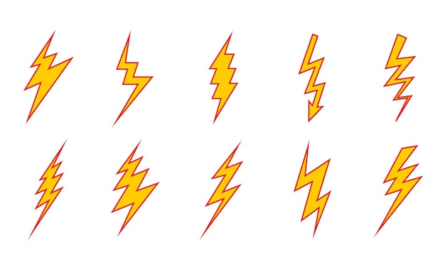 Set aus gelben Blitz-Vektorsymbol-Illustrationen. Blitz mit einer roten Linie, flaches Symbol