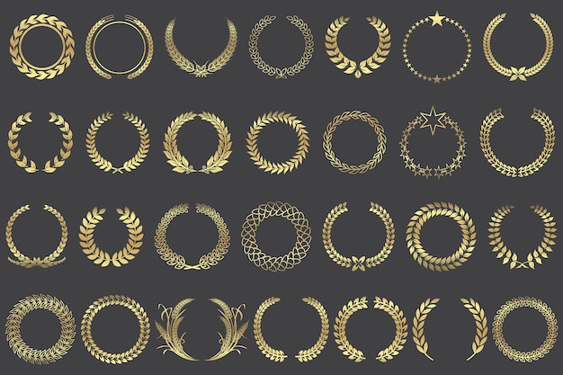 Set aus goldenen Lorbeerkränzen verschiedener Formen Vektorillustration