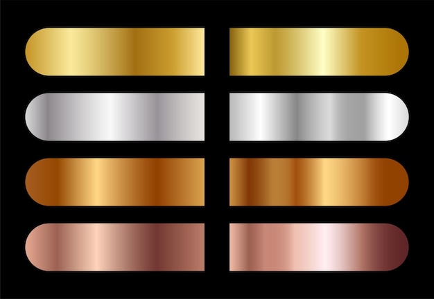 Set aus goldenen, silbernen und bronzenen Farbverläufen. Gold-, Silber-, Bronze-, Kupferfolie-Abstufungshintergrundsatz.