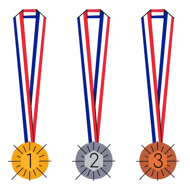 Set aus goldenen, silbernen und bronzenen medaillen mit roten, weißen und blauen olympischen und paralympischen bändern