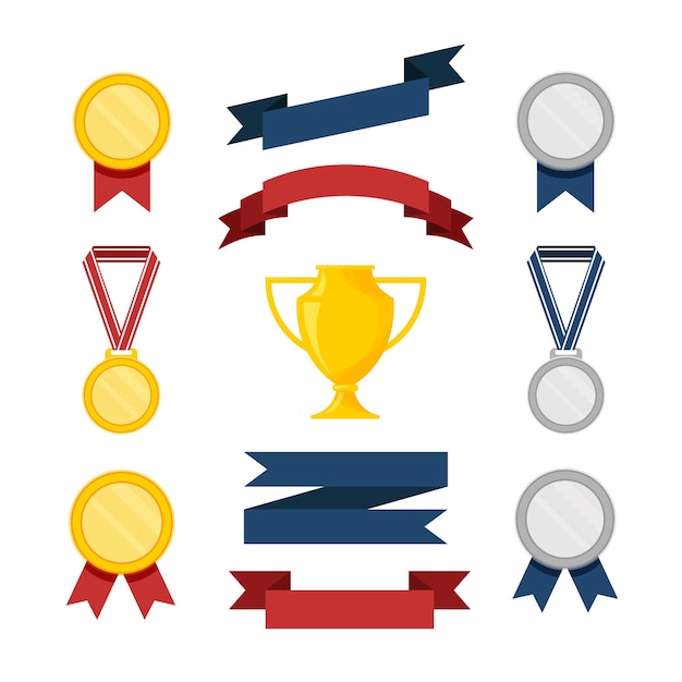 Set aus goldenen und silbernen medaillen, trophäen oder auszeichnungen. siegerbänder. vektor-illustration isoliert.