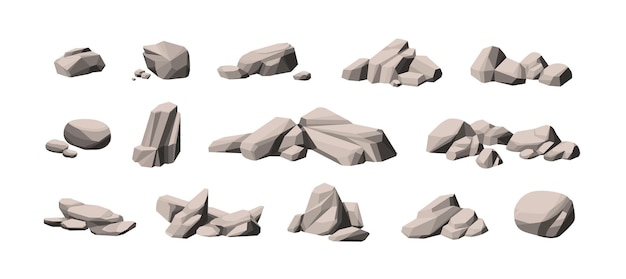 Set aus großen und kleinen schweren polygonalen steinen. sammlung von kopfsteinpflasterpfählen. zusammensetzungen aus natürlichen festgesteinen. monochrome vektordarstellung grauer felsbrocken isoliert auf weißem hintergrund.