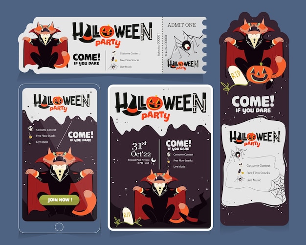 Set aus halloween-banner-einladung und ticket mit draculla-katzenillustration