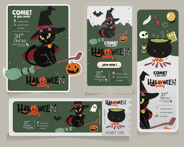 Vektor set aus halloween-banner-einladung und ticket mit fliegender hexe, niedlicher katzenillustration